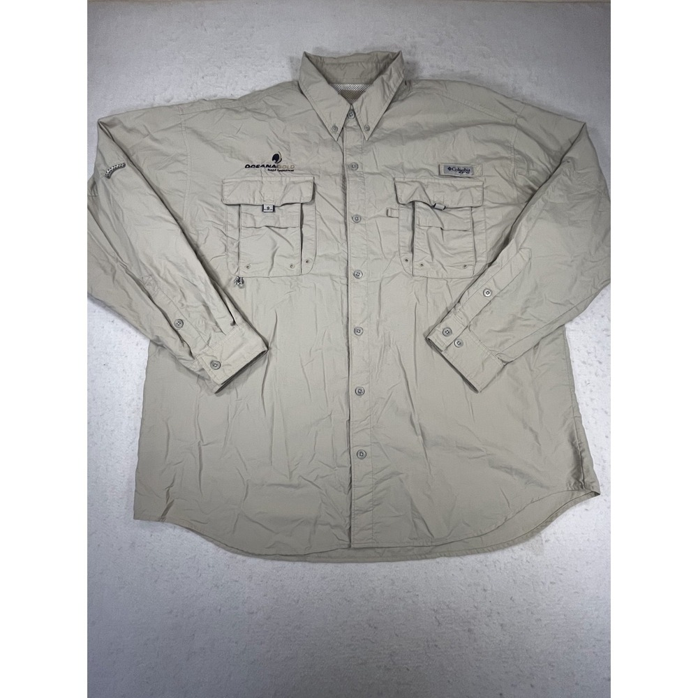 Columbia PFG Fishing Shirt Mens XL Beige Vented Haile Operation Logo Button Down
